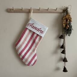 Personalized Linen Striped Christmas Stocking, Farmhouse Decor - thumbnail 3