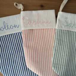 Personalized Linen Striped Christmas Stocking, Farmhouse Decor - thumbnail 2