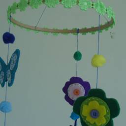Mobile With Felt Butterflies, Flowers, Pom-Poms, Beads & Mirrors - thumbnail 3