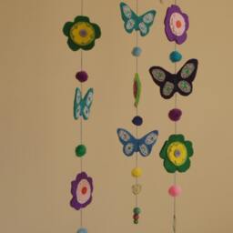 Mobile With Felt Butterflies, Flowers, Pom-Poms, Beads & Mirrors - thumbnail 2