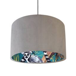 Grey Velvet Lampshade With Teal Lemur Lining, Tropical Large Ceiling Lightshade