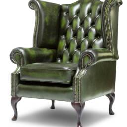 Chesterfield Queen Anne High Back Wing Chair in Antique Green Leather - thumbnail 3