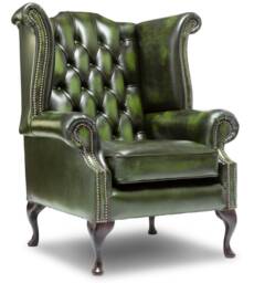 Chesterfield Queen Anne High Back Wing Chair in Antique Green Leather