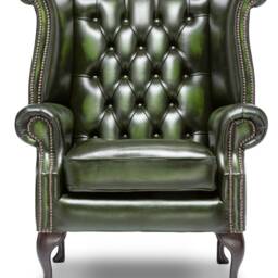 Chesterfield Queen Anne High Back Wing Chair in Antique Green Leather - thumbnail 2