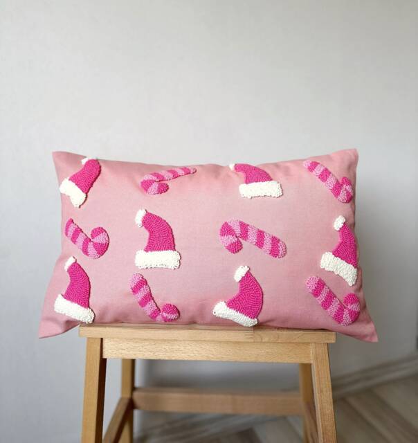 Christmas Pillow Cover, Pink Santa Hat & Candy Cane Pillow, Ornaments, Punch Needle - image 1