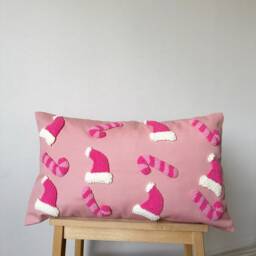 Christmas Pillow Cover, Pink Santa Hat & Candy Cane Pillow, Ornaments, Punch Needle - thumbnail 4
