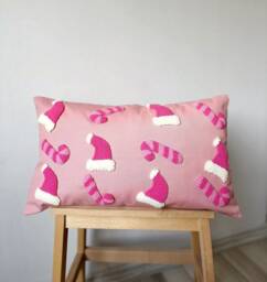 Christmas Pillow Cover, Pink Santa Hat & Candy Cane Pillow, Ornaments, Punch Needle - thumbnail 1