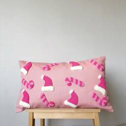 Christmas Pillow Cover, Pink Santa Hat & Candy Cane Pillow, Ornaments, Punch Needle - thumbnail 2
