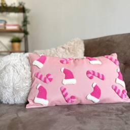 Christmas Pillow Cover, Pink Santa Hat & Candy Cane Pillow, Ornaments, Punch Needle - thumbnail 3