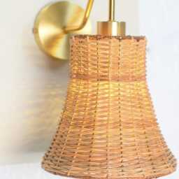 Bell - Shaped Wicker Shade & Brass Wall Lamp, Bedroom, Powder Room Lighting - thumbnail 2