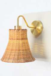 Bell - Shaped Wicker Shade & Brass Wall Lamp, Bedroom, Powder Room Lighting - thumbnail 1