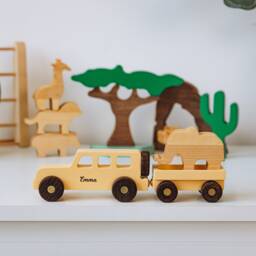 Wooden Safari Play Set Personalized Jeep Toy Car Bulding Blocks For Toddlers Montessori Toys 1 2 3 Year Old Gift Baptism Boy - thumbnail 1
