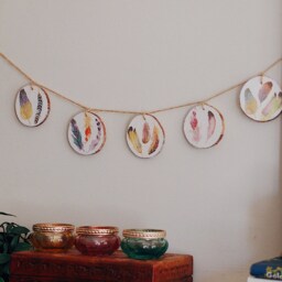 Feather Garland Boho Wooden Slice Bunting, Nature Wall Decor - thumbnail 3
