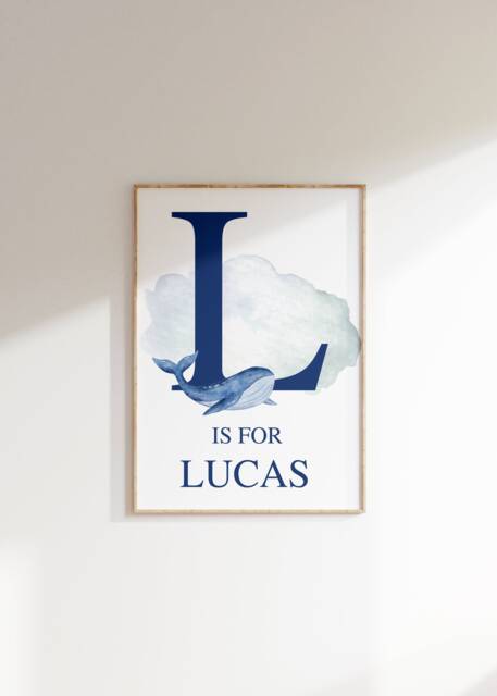 Nursery Whale Print, Decor, Deep Blue Room, Boys Initial Personalised Sea Nursery, Name Wall Art, Nautical - image 1