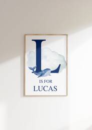 Nursery Whale Print, Decor, Deep Blue Room, Boys Initial Personalised Sea Nursery, Name Wall Art, Nautical - thumbnail 1
