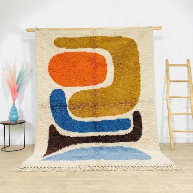 White Abstract Moroccan Shag Rug, Orange Yellow Blue Brown Large Area Modern Boho Living Room, Handmade Berber Wool Carpet - image 1