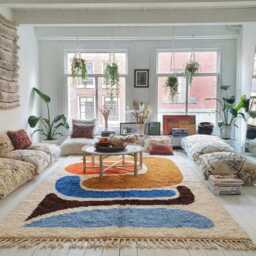 White Abstract Moroccan Shag Rug, Orange Yellow Blue Brown Large Area Modern Boho Living Room, Handmade Berber Wool Carpet - thumbnail 3