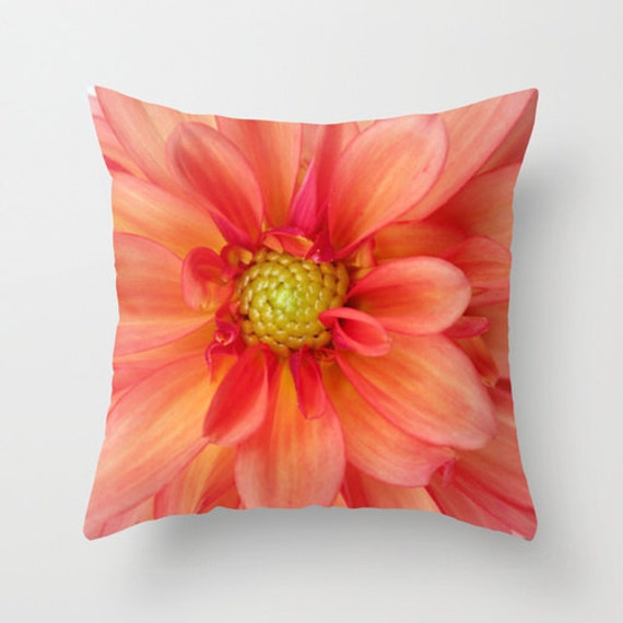 Orange & Pink Dahlia Pillow, Summer Floral Pillowcase, Photo Pillow Case, Pretty Pillowcase, 16x16 Cover, 18x18 Canvas Throw - image 1
