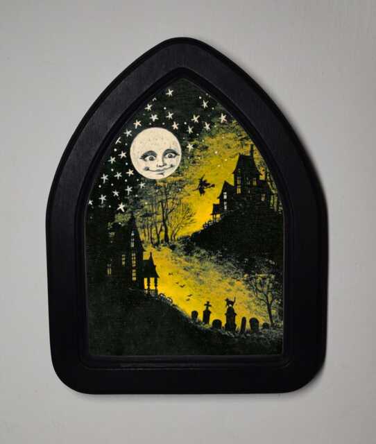 Halloween Black Gothic Arch Wooden Framed Picture, Print, Witchy Wall Hanging, Autumn Moon - image 1