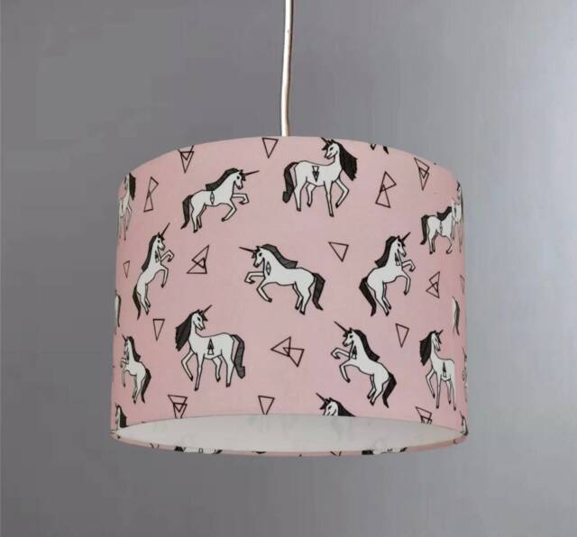 New Kids Girls Room Unicorn Print Lamp Shade Pendant Light On Pink Fabric - image 1