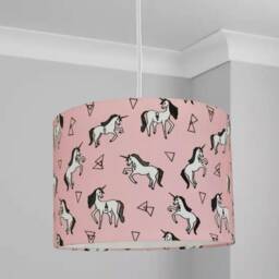New Kids Girls Room Unicorn Print Lamp Shade Pendant Light On Pink Fabric - thumbnail 3