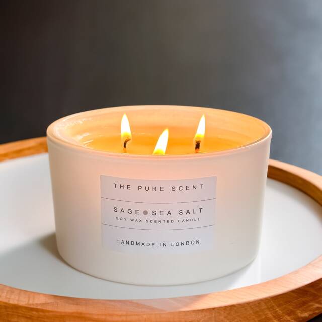 Sage & Sea Salt Soy Candle Large 3 Wick, Handmade in London - image 1
