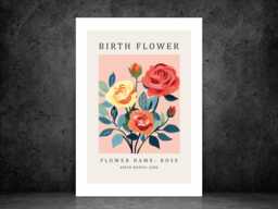 Birth Flower Print June Rose - Birthday Month Poster Botanical Wall Art Gift Idea A5 A4 A3 Framed Or Unframed - thumbnail 1