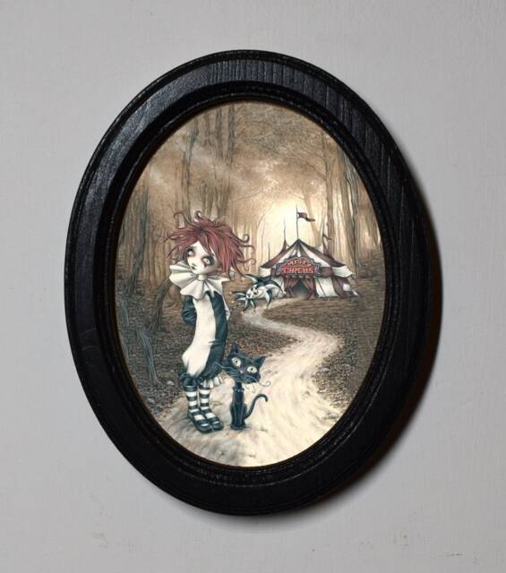 Halloween Black Oval Wooden Framed Picture, Wall Hanging, Home Decor, Circus - image 1