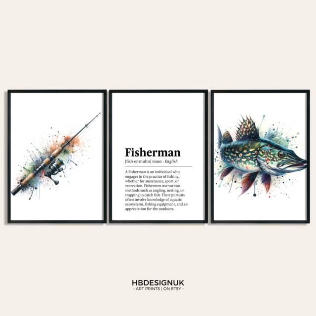 Fisherman Wall Art Poster - Set Of 3 Fishing Prints - Gifts For Men Watercolour Angler Decor Fish Artwork - image 1
