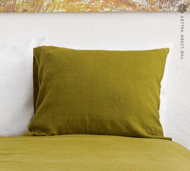 Olive Green Linen Pillow Case - Bright Moss Deco - image 1
