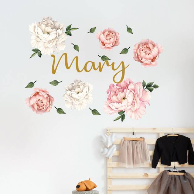 Pastel White Pink Peony Wall Decal Baby Girl Nursery, Custom Name With Flowers Sticker Kids Bedroom, Watercolor Peonies Bulbs - image 1