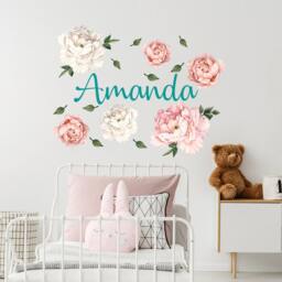 Pastel White Pink Peony Wall Decal Baby Girl Nursery, Custom Name With Flowers Sticker Kids Bedroom, Watercolor Peonies Bulbs - thumbnail 3