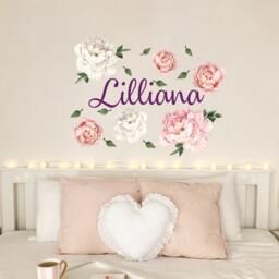 Pastel White Pink Peony Wall Decal Baby Girl Nursery, Custom Name With Flowers Sticker Kids Bedroom, Watercolor Peonies Bulbs - thumbnail 2