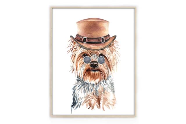 Yorkie Dog Art Print Funny in Hat Wall Decor - image 1