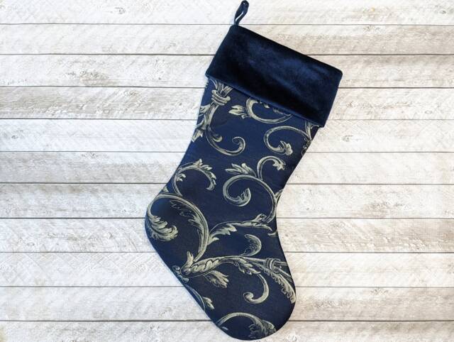 Navy Blue Christmas Stocking With Gold Swirls & Velvet Cuff - image 1