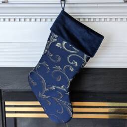 Navy Blue Christmas Stocking With Gold Swirls & Velvet Cuff - thumbnail 3