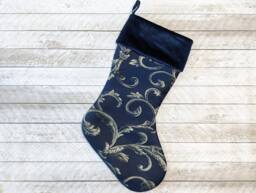 Navy Blue Christmas Stocking With Gold Swirls & Velvet Cuff