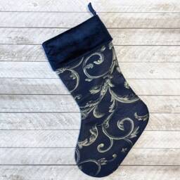 Navy Blue Christmas Stocking With Gold Swirls & Velvet Cuff - thumbnail 2