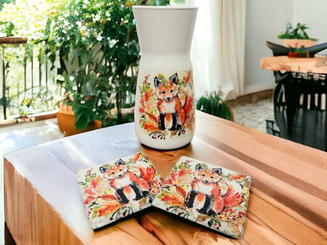 Autumn Fox Flower Vase, Coasters, Themed Gifts, Home Decor - image 1