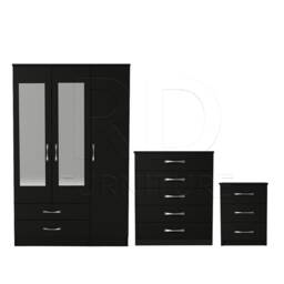 Bedroom Set, Black Set, Wardrobe, Mirrored Chest Of Drawers & A Bedside Table. Ready Assembled - thumbnail 1