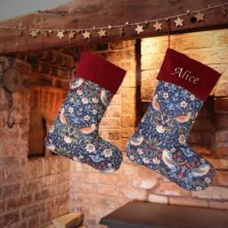 Personalized William Morris Christmas Stocking Embroidered Velvet Strawberry Thief - thumbnail 1