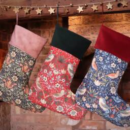 Personalized William Morris Christmas Stocking Embroidered Velvet Strawberry Thief - thumbnail 4