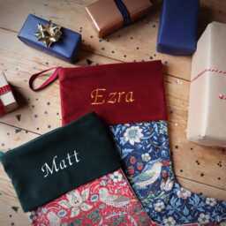 Personalized William Morris Christmas Stocking Embroidered Velvet Strawberry Thief - thumbnail 3