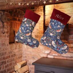 Personalized William Morris Christmas Stocking Embroidered Velvet Strawberry Thief - thumbnail 2