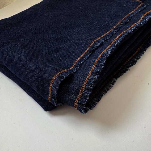 Denim Blue Linen Wool Throw Blanket - Soft Warm Sofa With Yellow Seams & Fringe - image 1