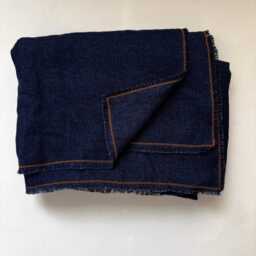 Denim Blue Linen Wool Throw Blanket - Soft Warm Sofa With Yellow Seams & Fringe - thumbnail 4