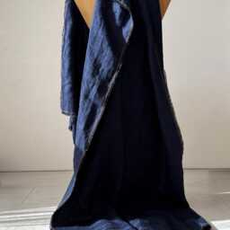 Denim Blue Linen Wool Throw Blanket - Soft Warm Sofa With Yellow Seams & Fringe - thumbnail 2