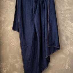 Denim Blue Linen Wool Throw Blanket - Soft Warm Sofa With Yellow Seams & Fringe - thumbnail 3