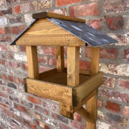 Handmade Wooden Bird Table Wall Mounted Feeder Fence Slate Roofed Garden Seed - thumbnail 3