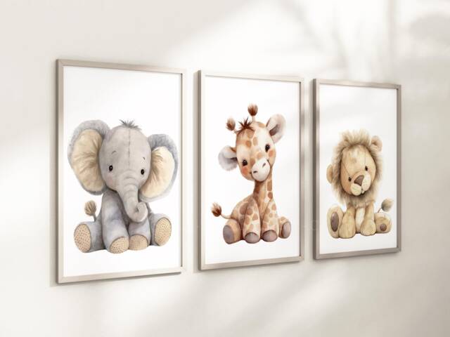 Safari Giraffe Lion Elephant Animal Baby Girls Boys A4 Or A3 Nursery Set Of Unframed Prints Unisex Neutral Boho Beige Teddy Plush Zoo Jungle - image 1